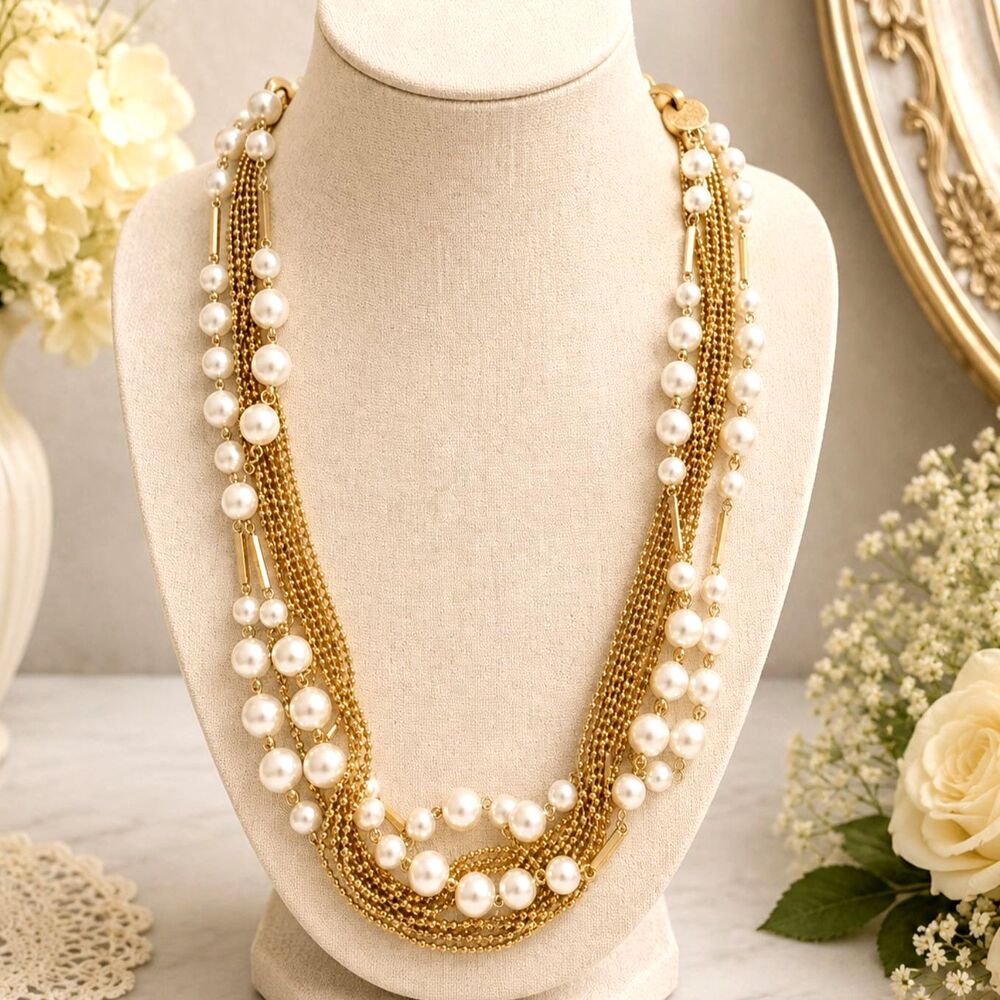 Vintage Faux Pearl Gold Tone Multi Strand Necklace Signed Japan Mid Century